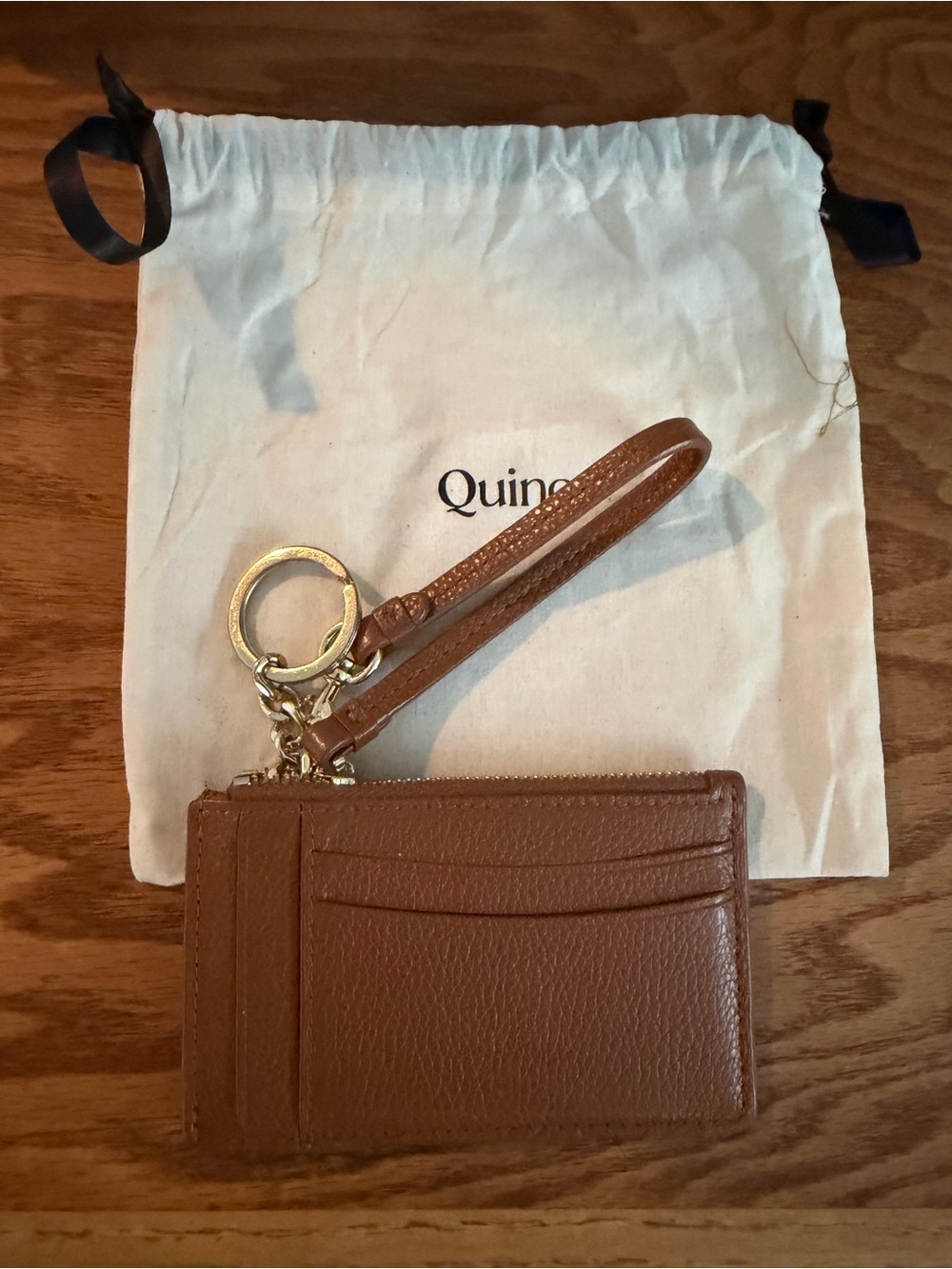 Quince Brown Leather Wristlet Card Holder with Gold Ring